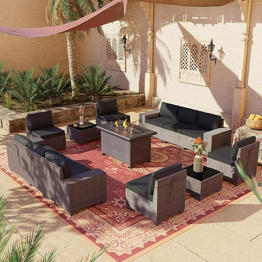 Outdoor Patio Furniture Set with Propane Fire Pit Table, 13 Pieces Outdoor Furniture Patio Sectional Sofa Conversation Sets w/ETL Approved 43" Gas Outdoor Fire Table & Coffee Table(Black)
