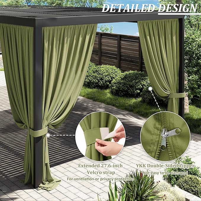 Gazebo Universal Replacement Privacy Curtain,12'×20' Gazebo Outdoor Waterproof Curtains, 4-Panels Sidewall Curtains with Double Zipper for Patio Canopy, Garden and Backyard (Curtain Only)
