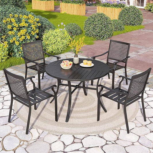 PHI VILLA 5 Pieces Outdoor Round Dining Set for 4, Steel Circle Table with Umbrella Hole & Stacking Wrought Iron Chairs, Modern Dining Furniture Set for Patio, Deck, Yard, Porch