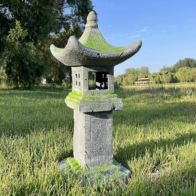 31.5’’High Japanese Pagoda Statue Moss-Covered Retro Miniature Tower Lantern Garden Decoration Figurines Outdoor Asian Decoration Zen Courtyard Landscape…