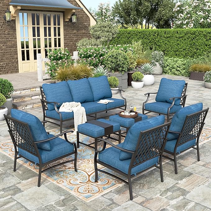 HERA'S HOUSE 7 Piece Patio Furniture Set, 4 x Leg Chair, 2 x Cushioned Ottoman, 1 x 3-Seat Sofa, All Cushioned 9 Seats Metal Outdoor Conversation Set for Lawn Garden Backyard