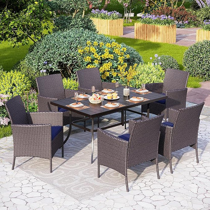 PHI VILLA 7 Piece Outdoor Dining Set for 6, Rectangular Wrought Iron Dining Table with Umbrella Hole & Cushioned Rattan Wicker Chairs for Patio, Deck, Yard, Porch