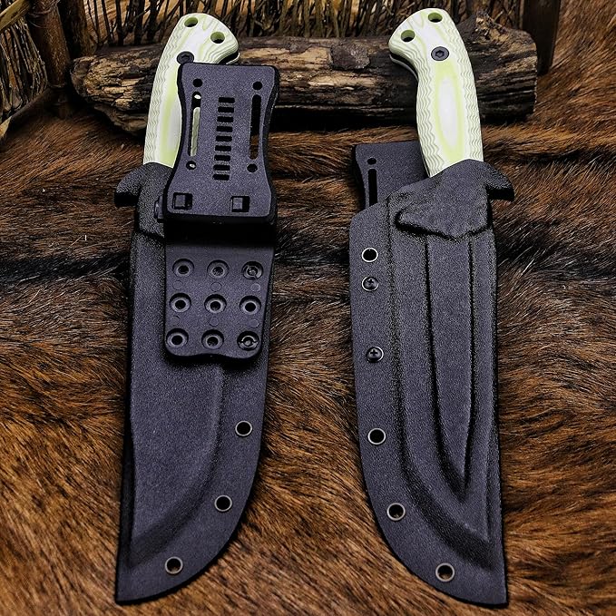 BA-KOR 12.4in Full Tang Fixed Blade Hunting Knife – 6mm 9CR18MoV Steel, G10 Handle, Stonewashed Sawback Blade with Kydex Sheath & Fire Starter for Outdoor, Camping, Survival (White with light green stripes)