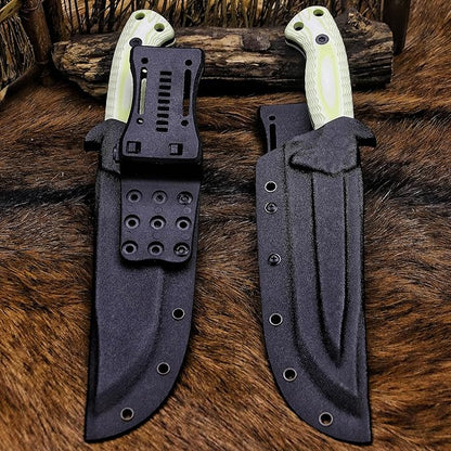BA-KOR 12.4in Full Tang Fixed Blade Hunting Knife – 6mm 9CR18MoV Steel, G10 Handle, Stonewashed Sawback Blade with Kydex Sheath & Fire Starter for Outdoor, Camping, Survival (White with light green stripes)