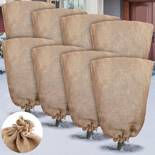 8 Packs Winter Burlap Plant Covers Bags 39.4 x 47.2 Inch Large Burlap Sack Plant Blanket with Drawstring Reusable Warm Plant Frost Cloth Cold Freeze Blanket for Outdoor Fruit Tree Potted Plants