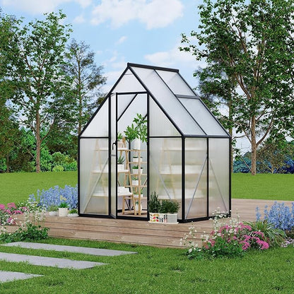 6X4 ft Polycarbonate Greenhouse with Aluminum Frame, Polycarbonate Greenhouse for Outdoors, Greenhouses with Ventilation and Rain Gutter, Aluminum Large Walk-in Greenhouses for Outside
