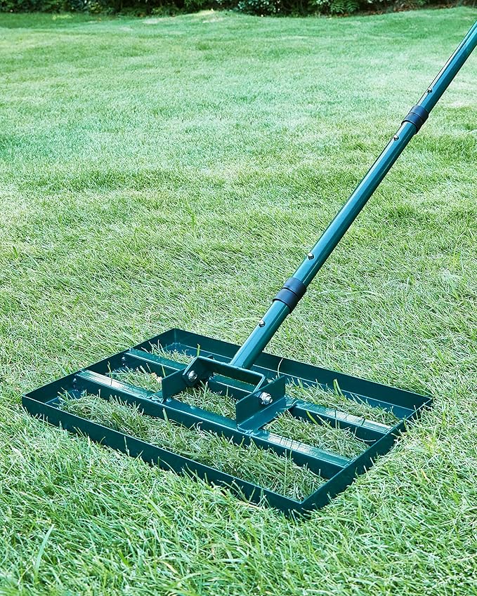 Lawn Leveling Rake,Stainless Steel Lawn Leveler with 17”x10” Ground Plate, 78” Adjustable Long Handle, Heavy Duty Level Yard Tool for Grass, Golf Field, Level Soil or Dirt Ground Surfaces-Green