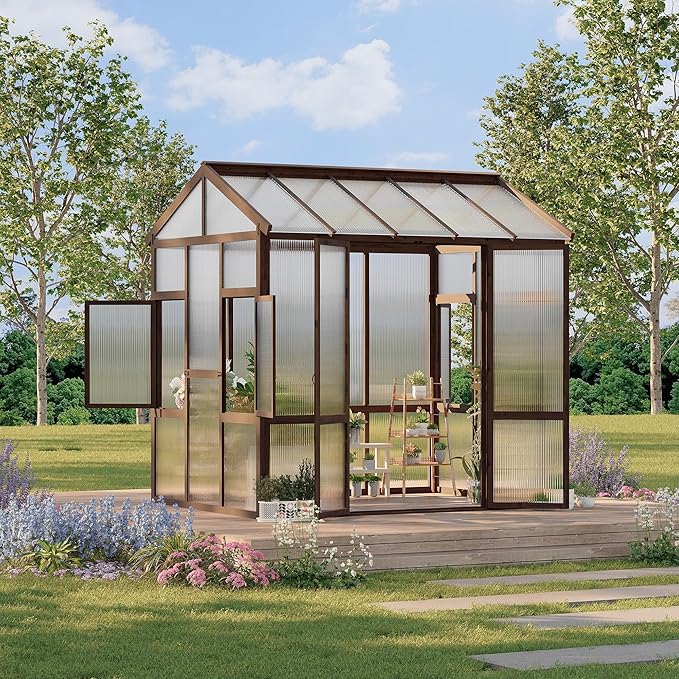 6x8 ft Wooden Greenhouse for Outdoor - Heavy Duty Walk-in Green House Kit with 6 mm Polycarbonate,Ventilated Window & Lockable Door for Backyard,Patio,Lawn