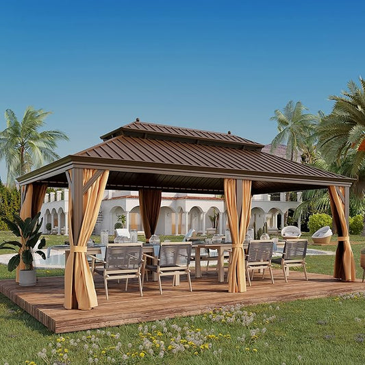 12'x20' Hardtop Gazebo Outdoor Aluminum Patio Gazebo Double Roof Galvanized Steel Canopy with Netting and Curtains for Garden, Backyard,Deck and Lawns