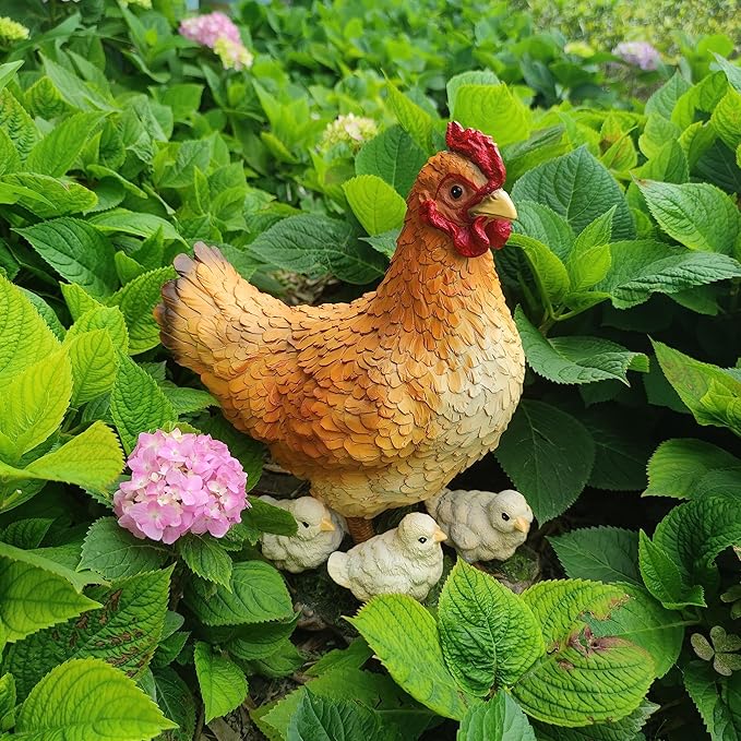 Garden Mother Hen and Baby Chick Statue Sculpture Standing Resin Farm Animal Decoration Chicken Sculpture Yard Art Outdoor Lawn Decoration 13.7'' High