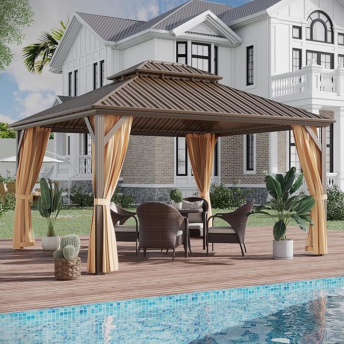 10'x14' Hardtop Gazebo, Outdoor Aluminum Patio Gazebo Double Roof Galvanized Steel Canopy with Netting and Curtains,for Garden, Patio, Backyard, Deck and Lawns.