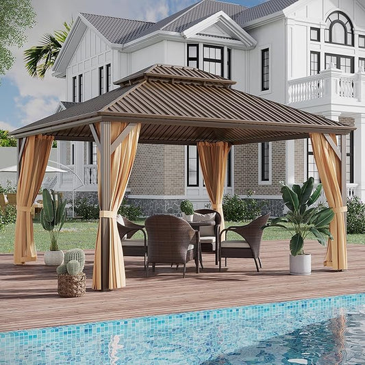 10'x14' Hardtop Gazebo, Outdoor Aluminum Patio Gazebo Double Roof Galvanized Steel Canopy with Netting and Curtains,for Garden, Patio, Backyard, Deck and Lawns.