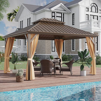 10x14 ft Hardtop Gazebo Outdoor Aluminum Patio Gazebo Double Roof Galvanized Steel Canopy with Netting and Curtains for Garden, Backyard, Deck and Lawns.