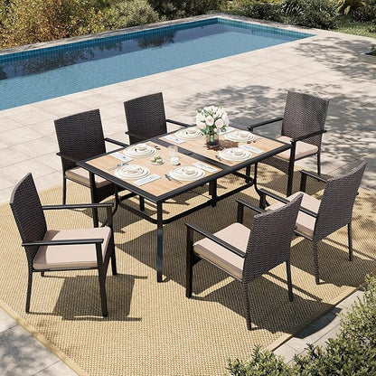 HERA'S HOUSE 7 PCS Outdoor Dining Sets for 6, Outdoor Rattan Chairs and Wood Like Table with 1.57" Umbrella Hole, Patio Dining Set for Deck, Balcony, Backyard, Garden