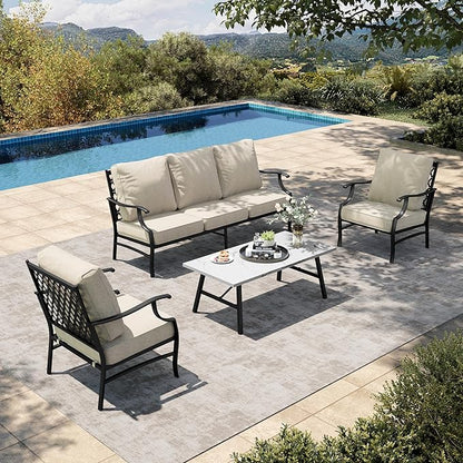HERA'S HOUSE 4 Piece Patio Furniture Set, 2 x Metal Frame Cushioned Chair, 3-Seat Sofa with Marbling Coffee Table, All Weahter Outdoor Conversation Set for Lawn Garden Backyard