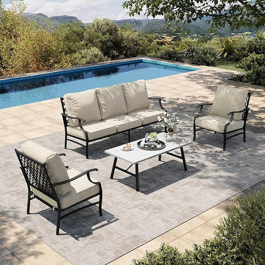 HERA'S HOUSE 4 Piece Patio Furniture Set, 2 x Metal Frame Cushioned Chair, 3-Seat Sofa with Marbling Coffee Table, All Weahter Outdoor Conversation Set for Lawn Garden Backyard