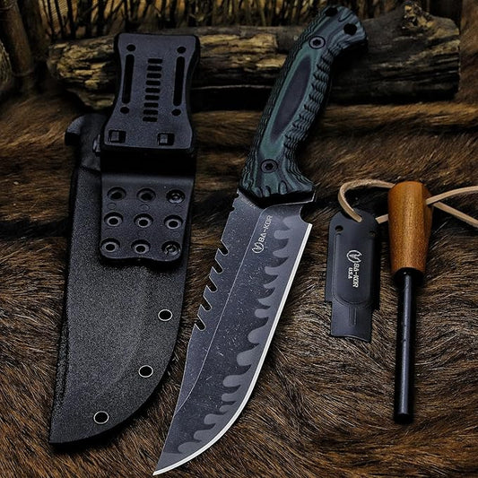 BA-KOR 12.4in Full Tang Fixed Blade Hunting Knife – 6mm 9CR18MoV Steel, G10 Handle, Stonewashed Sawback Blade with Kydex Sheath & Fire Starter for Outdoor, Camping, Survival (Green and black stripes)