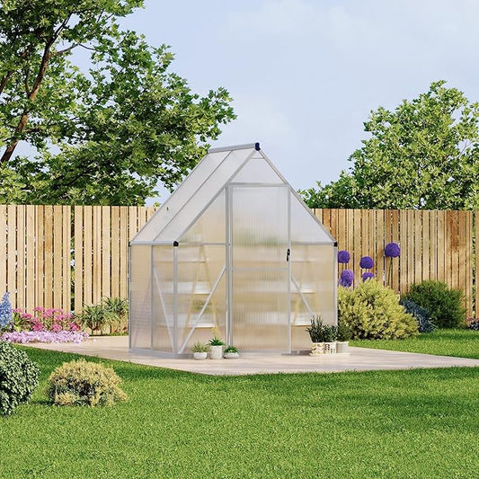 6X4 ft Polycarbonate Greenhouse with Aluminum Frame, Polycarbonate Greenhouse for Outdoors, Greenhouses with Ventilation, Aluminum Large Walk-in Greenhouses for Outside
