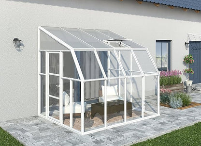 Palram Canopia Rion Sun Room 8 Ft. x 8 Ft. Solarium, Lean-to Greenhouse DIY Kit, Attach to House, Large Twin Wall Polycarbonate, 100% UV Protection for Porch, Patio Outdoors with Window Vent (White)
