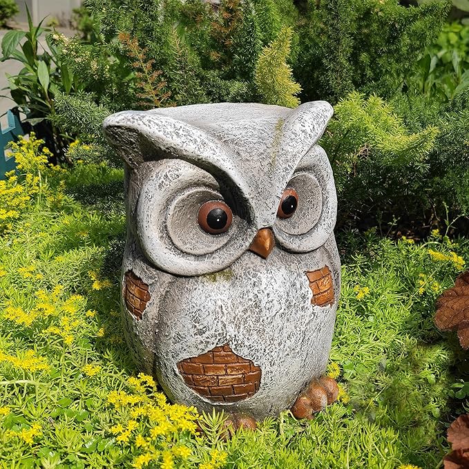 13‘’H Owl Statue Garden Owl Stool MGO Outdoor Decor Statue Decorative Sculpture Stool Plant Stand for Home Decor Yard Patio Garden Statues,Grey