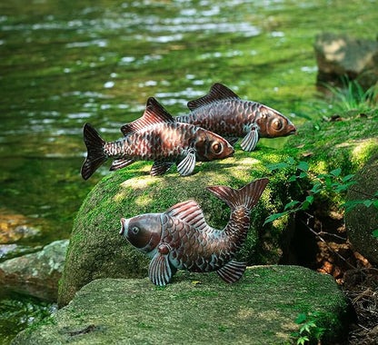 Set of 3 Outdoor Garden Koi Fish Sculptures & Statues Antique Copper Fish Yard Décor, Metal Koi Figurine Ornaments for Outdoors,Patio Decor,Backyard and Home Kitchen Decorations