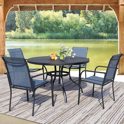 5 Pieces Round Dining Table Set for 4, Patio Dining Set Includes 4 Blue Stackable Patio Chairs and 1 Black Mesh Round Table, Patio Furniture Sets with Sling Support for Outside, Garden