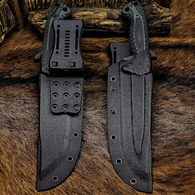 BA-KOR 12.4in Full Tang Fixed Blade Hunting Knife – 6mm 9CR18MoV Steel, G10 Handle, Stonewashed Sawback Blade with Kydex Sheath & Fire Starter for Outdoor, Camping, Survival (Green and black stripes)