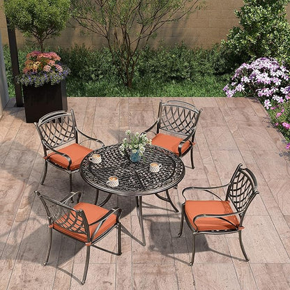 PURPLE LEAF Patio Dining Set Cast Aluminum 5-Piece Patio Furniture Set with 4 Dining Armchairs and 47" Round Table, 4 Cushions Included, for Lawn Yard Garden, Rhombic Brick Red Outdoor Dining Set
