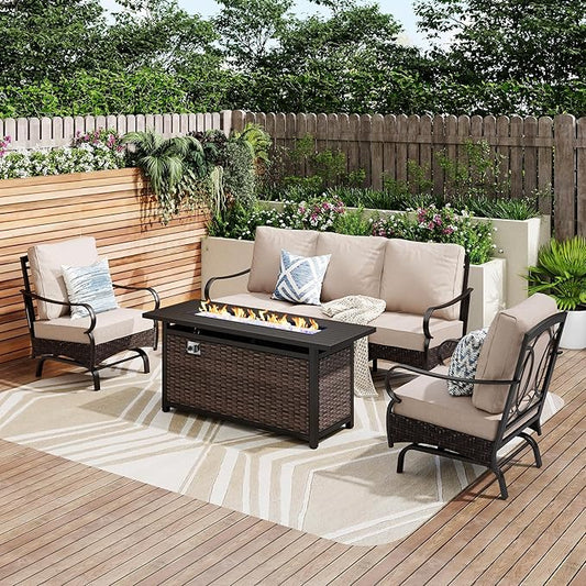 Patio Furniture Set with 56" Fire Pit Table, Premium Outdoor Wicker Metal Frame Furniture with Upgraded Waterproof Thick Cushions for Porch, Poolside, Deck, and Yard （4 Pieces,Beige）
