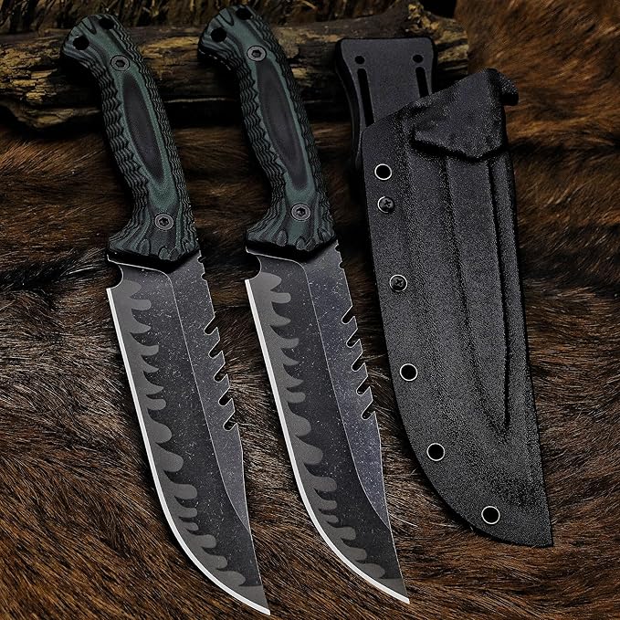 BA-KOR 12.4in Full Tang Fixed Blade Hunting Knife – 6mm 9CR18MoV Steel, G10 Handle, Stonewashed Sawback Blade with Kydex Sheath & Fire Starter for Outdoor, Camping, Survival (Green and black stripes)