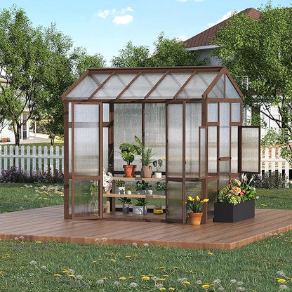 6x8 FT Wooden Greenhouse for Outdoor - Heavy Duty Walk-in Green House Kit with 6mm Polycarbonate, Ventilated Window & Lockable Door for Backyard, Patio, Lawn