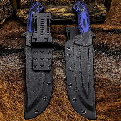 BA-KOR 12.4in Full Tang Fixed Blade Hunting Knife – 6mm 9CR18MoV Steel, G10 Handle, Stonewashed Sawback Blade with Kydex Sheath & Fire Starter for Outdoor, Camping, Survival (Blue and black stripes)