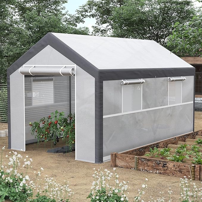 Outsunny 12' x 7' x 7' Walk-in Greenhouse, Outdoor Garden Warm Hot House with 4 Roll-up Windows, 2 Zippered Doors and Weather Cover, White