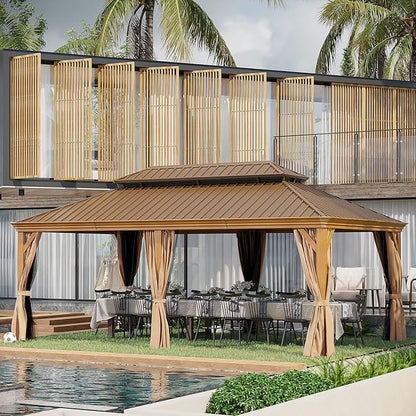 12' X 20' Hardtop Gazebo, Aluminum Wood-Looking Frame Outdoor Permanent Galvanized Steel Double Roof Pavilion Pergola Canopy with Privacy Curtains for Garden, Patio, Backyard, Deck and Lawns.