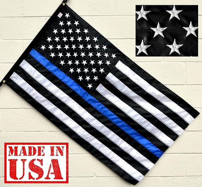 US Flag Factory 3x5 FT American Thin Blue Line Flag (Embroidered Stars, Sewn Stripes) for Police Officers - Blue Lives Matter Flag - 100% Made in America - Outdoor SolarMax Nylon