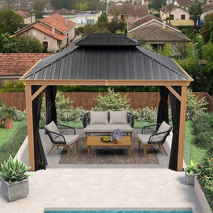 PURPLE LEAF 10' X 12' Outdoor Hardtop Gazebo for Patio Galvanized Steel Double Roof Permanent Canopy Teak Finish Coated Aluminum Frame Pavilion Gazebo with Netting