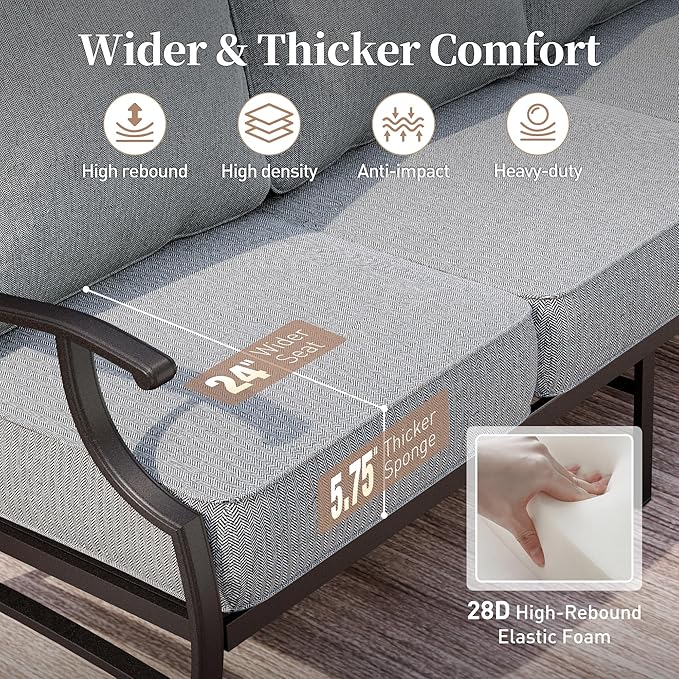6 Piece Metal Outdoor Patio Furniture Set, Patio Conversation Set 1 3-seater Sofa, 2 Rocking Chair, 2 Ottomans with 5.75" Thick Cushion and Coffee Table, Black Backyard Furniture, Gray