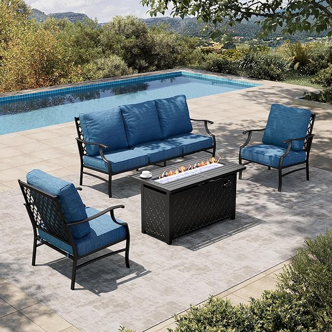 HERA'S HOUSE 4 Pieces Patio Fire Pit Furniture Set, 2 x Single Chair, 3-Seat Sofa with 45" Fire Pit Table, Outdoor Conversation Set for Garden Poolside Backyard, Pacific Blue