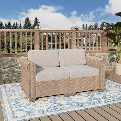 Patio Couch, 2-Piece Outdoor Rattan Wicker Sofa with 5.5" Thick Waterproof Cushions Deck Backyard