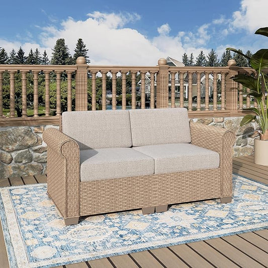 Patio Couch, 2-Piece Outdoor Rattan Wicker Sofa with 5.5" Thick Waterproof Cushions Deck Backyard
