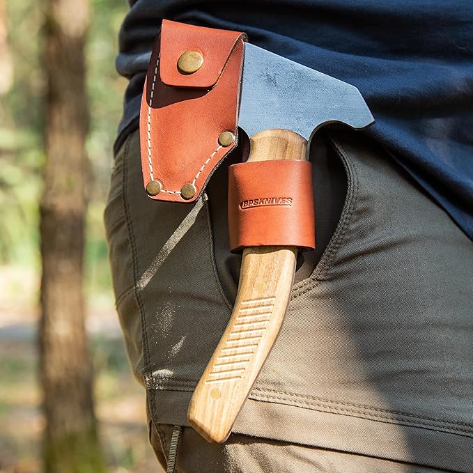BPS Knives Bushcraft Axe with Leather Sheath - Full Tang Camping Axe - Survival Carbon Steel Hatchet - Small Wood Carving Axe - Camping Axe for Chopping Wood and Gardening