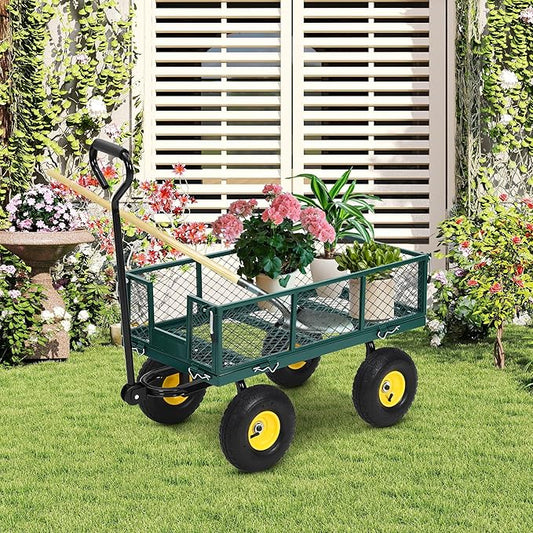 Heavy-Duty Steel Garden Cart, 550 Lb Yard Dump Metal Cart with 4-Side Removable Mesh and All Terrain 10" Tires, Flatbed Convertible Yard Wagon, Green