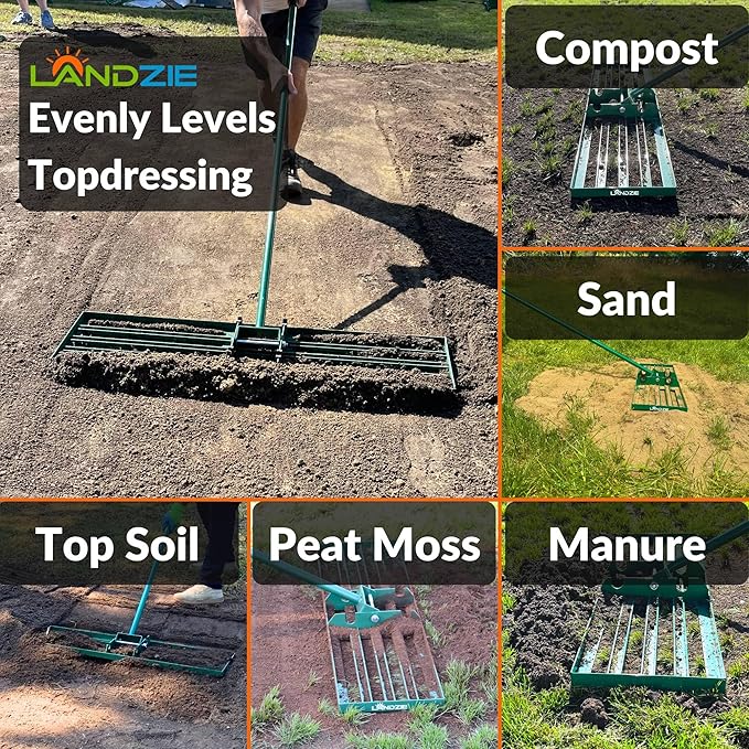 LANDZIE - The Original Lawn Leveling Rake – 48" Steel Handle Yard Leveler, Lawn Level Tool for Creating a Flat Surface - Works for Soil, Dirt, Topdressing, and Ground