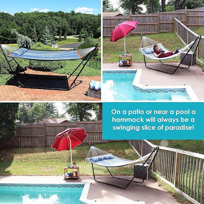 Sunnydaze Double Quilted Fabric Hammock with Universal Steel Stand - 450-Pound Capacity - Black Stand - Misty Beach