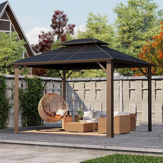 Kingdura Hardtop Gazebo 10'x10' with Double Polycarbonate Roof Canopy, Outdoor Gazebo with All-Weather Resistant Aluminum Frame Permanent Pavilion, UV Blocking for Patio Lawn Garden (Brown)