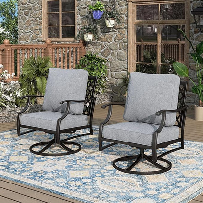 Swivel Patio Chairs Set of 2, High Back Outdoor Swivel Patio Metal Chairs with 5.75" Thick Cushions for Bistro Balcony Porch Deck and Yard, Grey