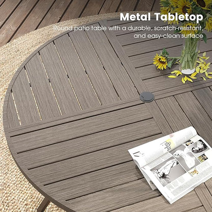 DIFY 7 Pieces Outdoor Patio Dining Set, 6 Sandshell Textilene Swivel Dining Chairs and 53.1" Grey Wood-Like Round Metal Dining Table, Outdoor Table and Chairs