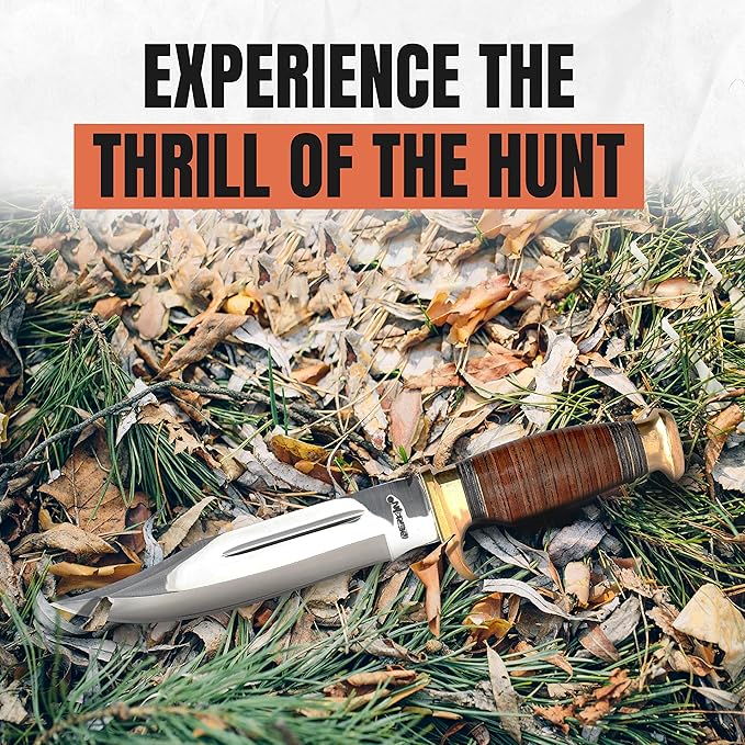 Hunting Knife with Sheath - 12.5" Fixed Blade Knife with Leather Handle & Sheath - 59-60 HRC Rated & Full Tang Design Hunting Knife for Survival, Fishing, Tactical, Camping & Bushcraft - Perkin Knives