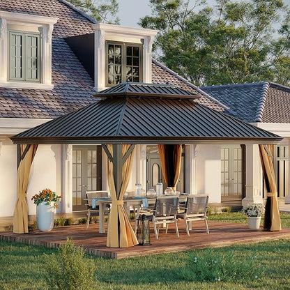 12'x16' Hardtop Gazebo, Outdoor Aluminum Patio Gazebo Double Roof Galvanized Steel Canopy with Netting and Curtains,for Garden, Patio, Backyard, Deck and Lawns.