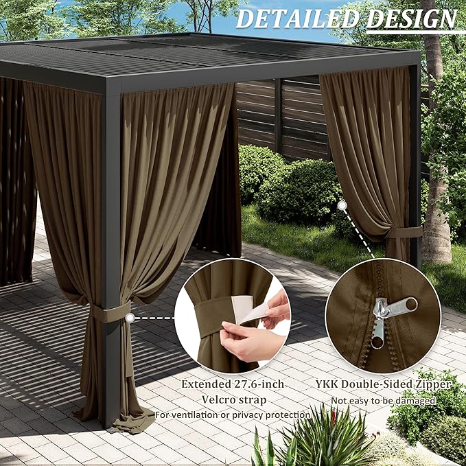 Gazebo Universal Replacement Privacy Curtain,10'×10' Gazebo Outdoor Waterproof Curtains, 4-Panels Sidewall Curtains with Double Zipper for Patio Canopy, Garden and Backyard (Curtain Only)